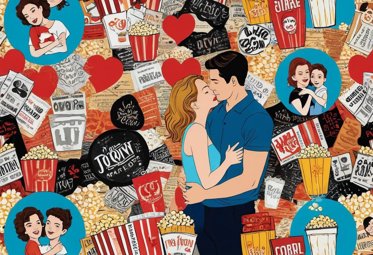 A whimsical collage depicting various love scenarios from films, featuring a passionate couple in an embrace on one side, transitioning into humorous and comedic moments of failed romantic gestures on the other. Incorporate iconic film elements like popcorn, a film reel, and heart symbols throughout the scene. Use bright and vibrant colors to evoke emotion and laughter. Illustrate in a playful, cartoon-style art form with bold outlines and exaggerated features.