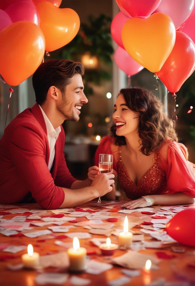 A whimsical collage capturing a couple sharing a laugh over a spilled drink at a candlelit dinner, surrounded by heart-shaped balloons and playful love notes. Include elements like a dog peeking curiously at them, a romantic sunset in the background, and vibrant colors that evoke joy and warmth. The scene should radiate intimacy and humor, embodying the essence of unforgettable love stories. 3D. vibrant colors. playful style.