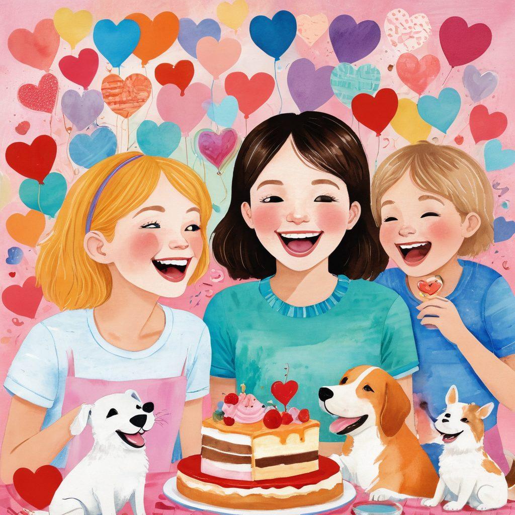 A whimsical collage featuring heartwarming moments, such as a couple sharing dessert, a child giggling with a pet, and friends laughing together. The background should be a colorful blend of soft pastels symbolizing love and joy, with playful doodles of hearts and laughter. Include elements that represent both sweet affection and comical interactions. vibrant colors. playful art style.